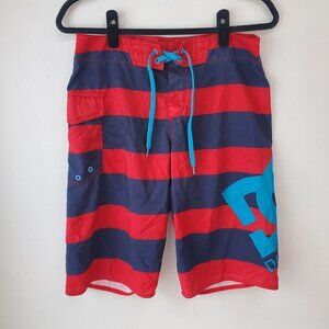 $10 SALE DC Shoes Red Blue Striped Board Shorts Logo Swim Trunks Men's 30